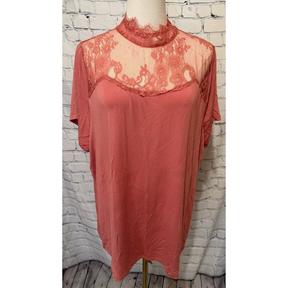 Haute Hippie coral-colored short-sleeve top featuring a sheer lace yoke XL